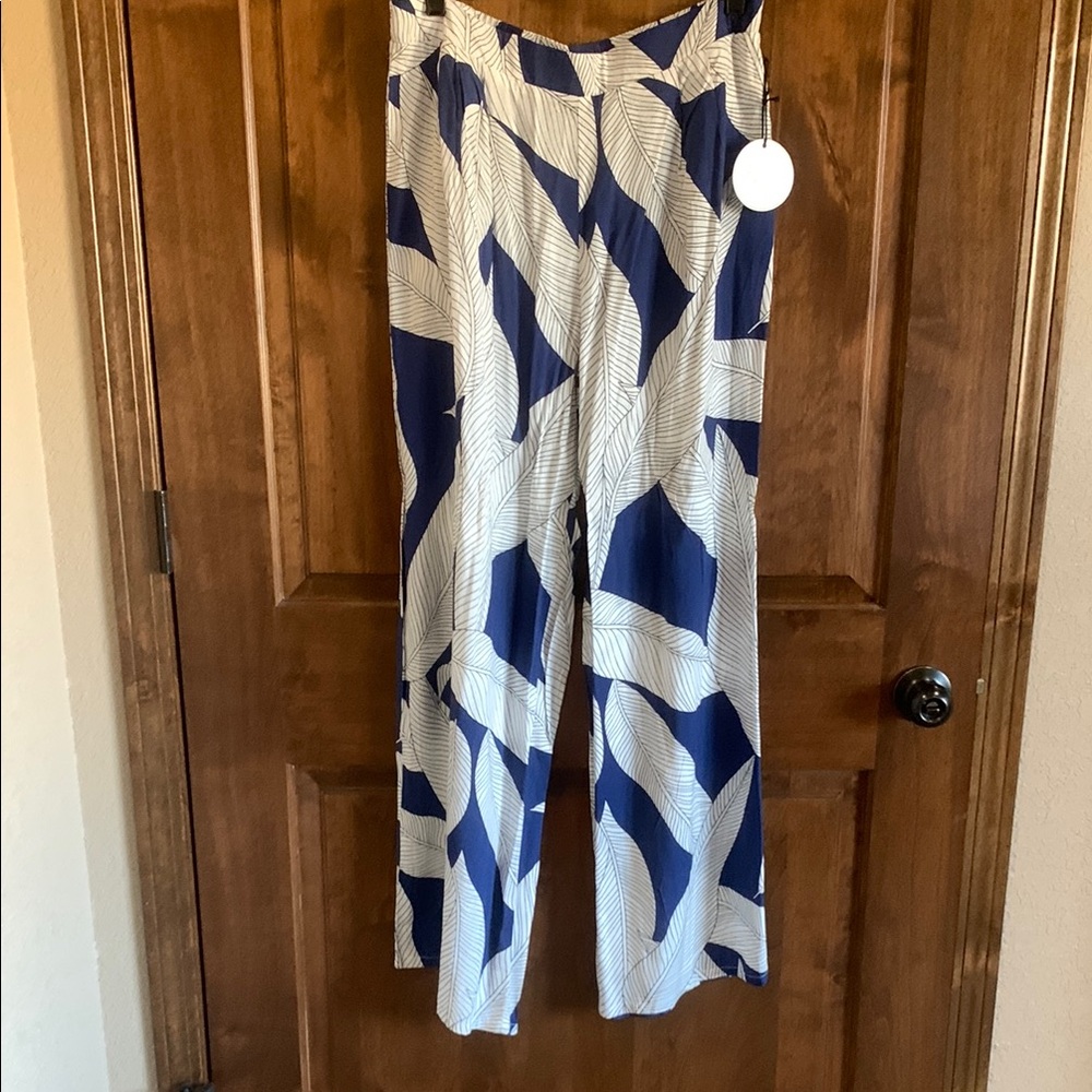 Blue and White Leaf Print Women's Wide Pants XL